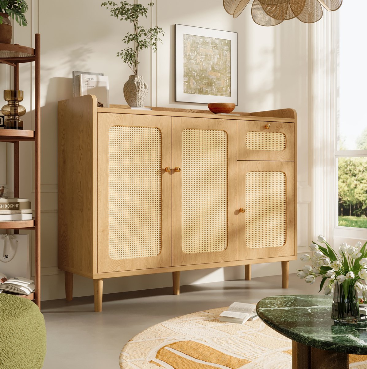 MIVRAY Dressoir - Rattan Front Met 3 Deuren En 1 Lade - Verstelbare Planken Voor Woonkamer Keuken En Hal - MDF - 120x40x91 Cm - Eiken