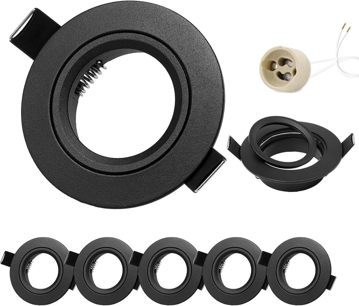6-delige set LED-inbouwspots 230V frames met GU10 houder voor GU10 MR16, matte zwarte ronde vlakke LED-spots, plafondspots, aluminium inbouwspots, spot inbouwframes, gatmaat 68 mm