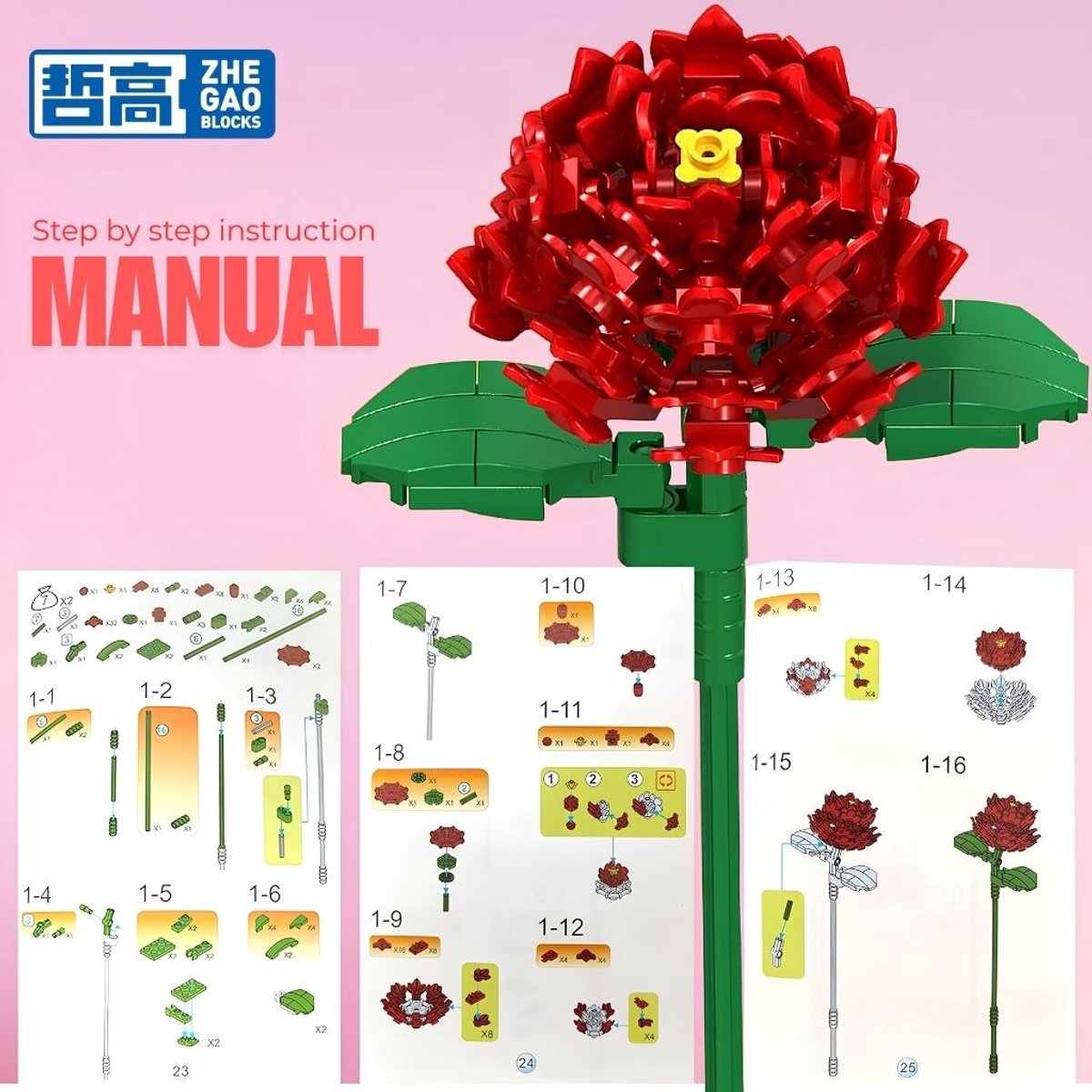 Zhe Gao 11053 Cluster Boeket bloemen bouwset | Botanical Flowers Collection modelbouw | Classic Creator STEM speelgoed bouwpakket voor volwassenen en kinderen | Educatief decoratie kunstbloemen niet geschikt voor Lego | bouwdoos met 1064 bouwstenen — afbeelding 11