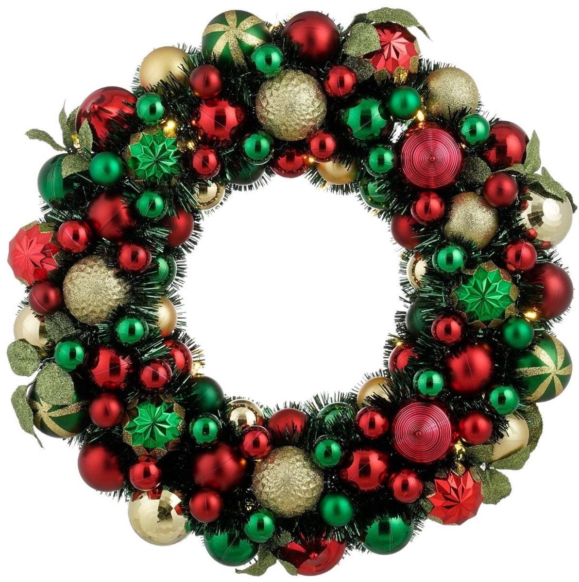 Mica Decorations Kerstkrans met Verlichting - Deurkrans H8,5 x Ø47 cm - Kerst Krans met Timer en Kerstballen - Multifunctionele Kerstversiering - Goud, Groen en Rood