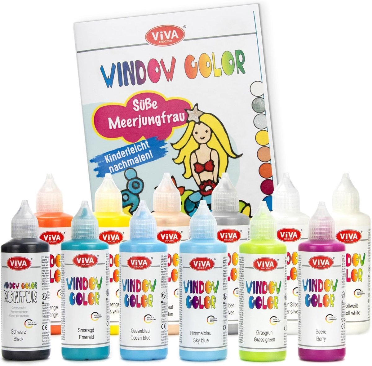LM-Creativ Sweet Mermaid - Window Color raamverf set - 12 kleuren 960 ml - 35 zeemeermin sjablonen