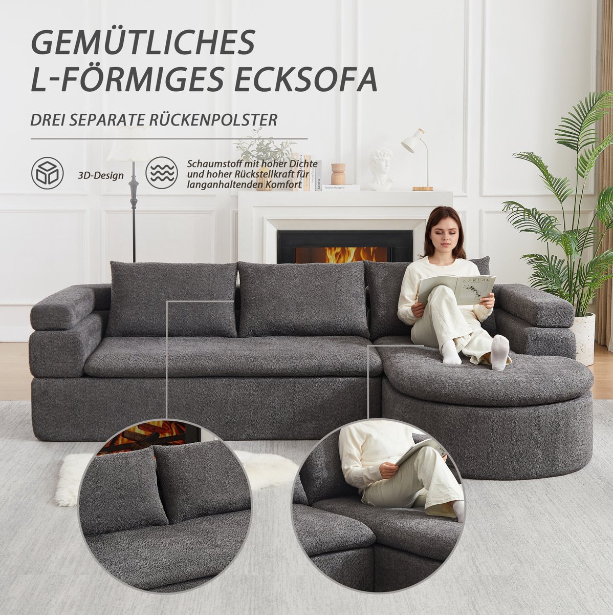 MEUNIQ L-vormige hoekbank met chaise longue, 3-zits, chenille, rechthoekige hoekopstelling, moderne bank voor woonkamer in anthracietgrijs Donkergrijs