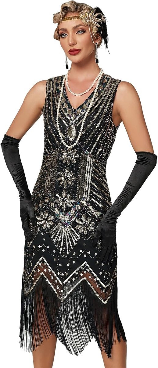 Flapperjurk, jaren 20, roaring twenties, franjes, pailletten, chique jurk, Gatsby, verkleedjurk, V-hals, vintage avondjurk met kralen