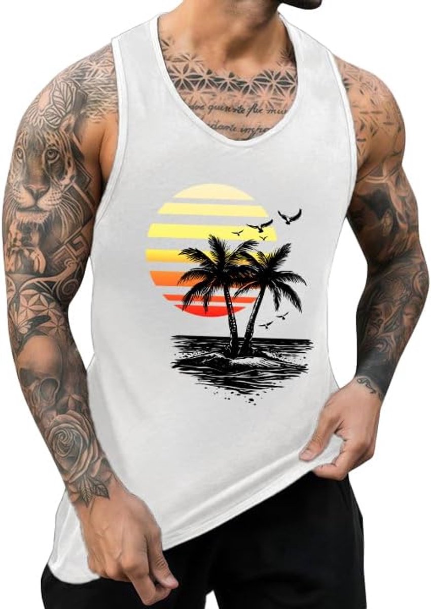 Tanktop voor heren, katoen, bedrukt, mouwloos shirt, zomer, Hawaïhemd, losse tanktop
