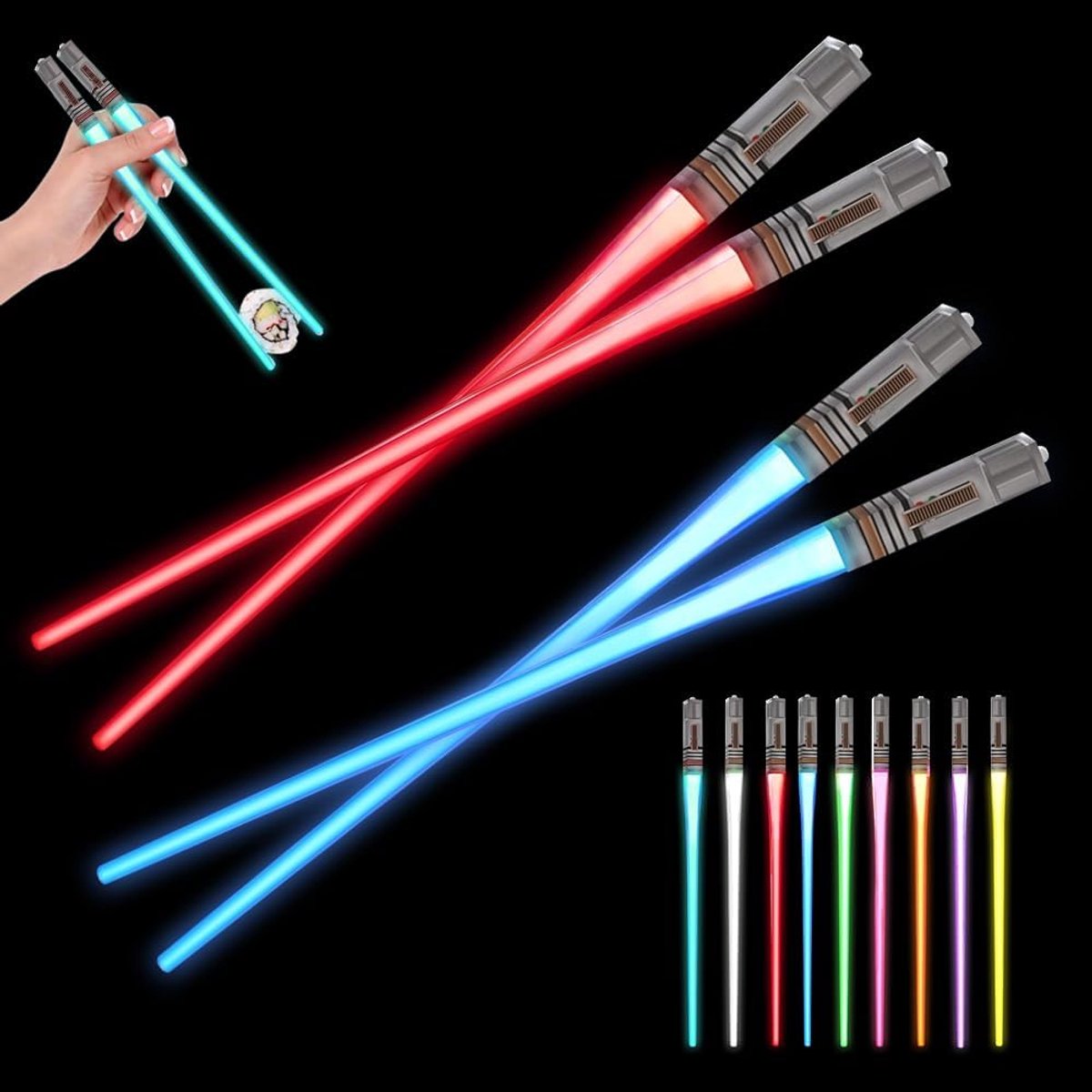 2 paar lichtzwaard lichtstaafjes, 9 kleurmodi, lichtgevende sushi-sticks, BPA-vrij, geschikt voor levensmiddelen, lichte eetstokjes