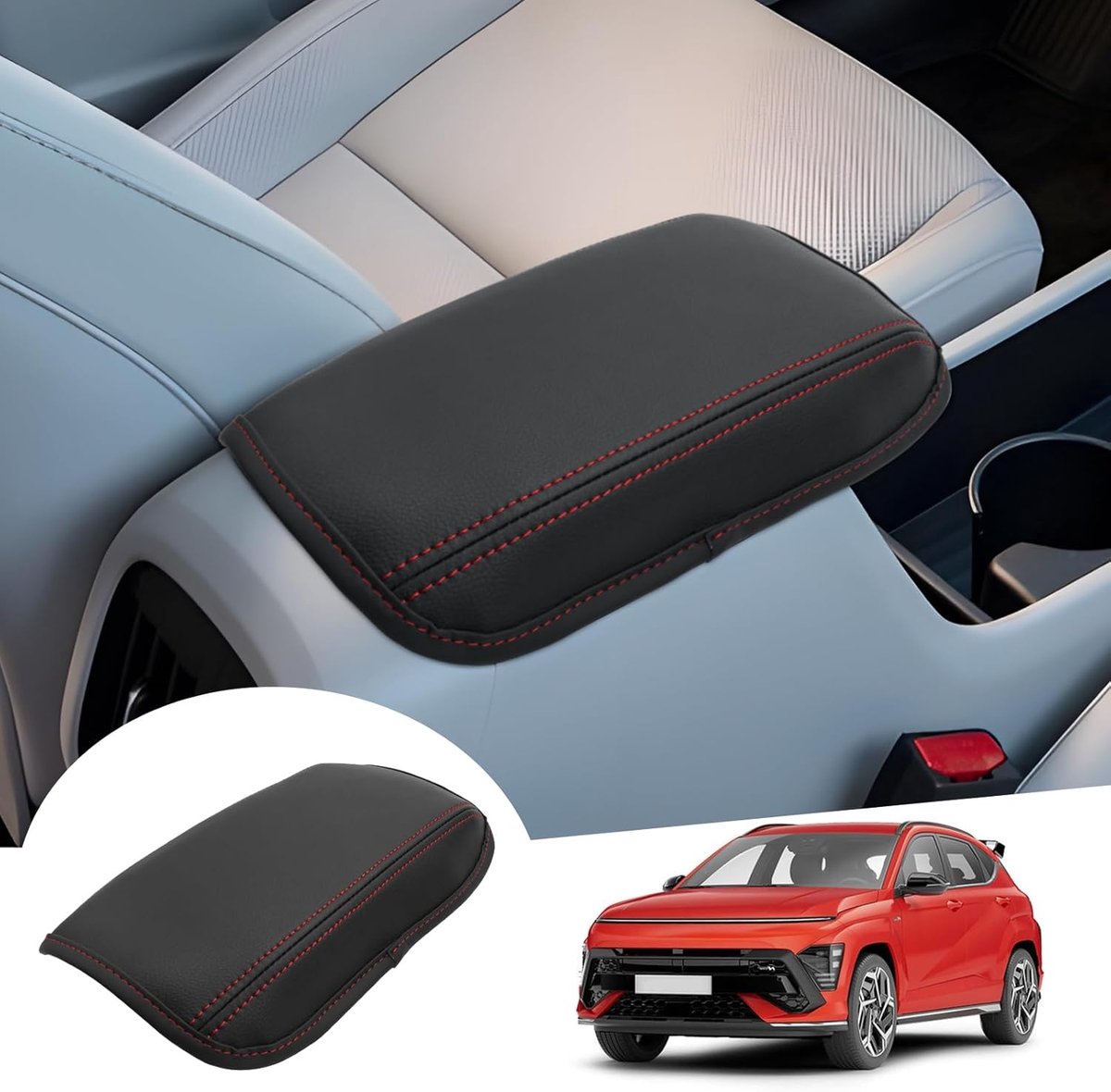 Compatibel met Hyundai Kona SX2 2024 2025 middenarmsteun hoes, Kona Hybrid EV 2024 middenconsole armleuning bescherming, PU microvezel leren polstering (rood)
