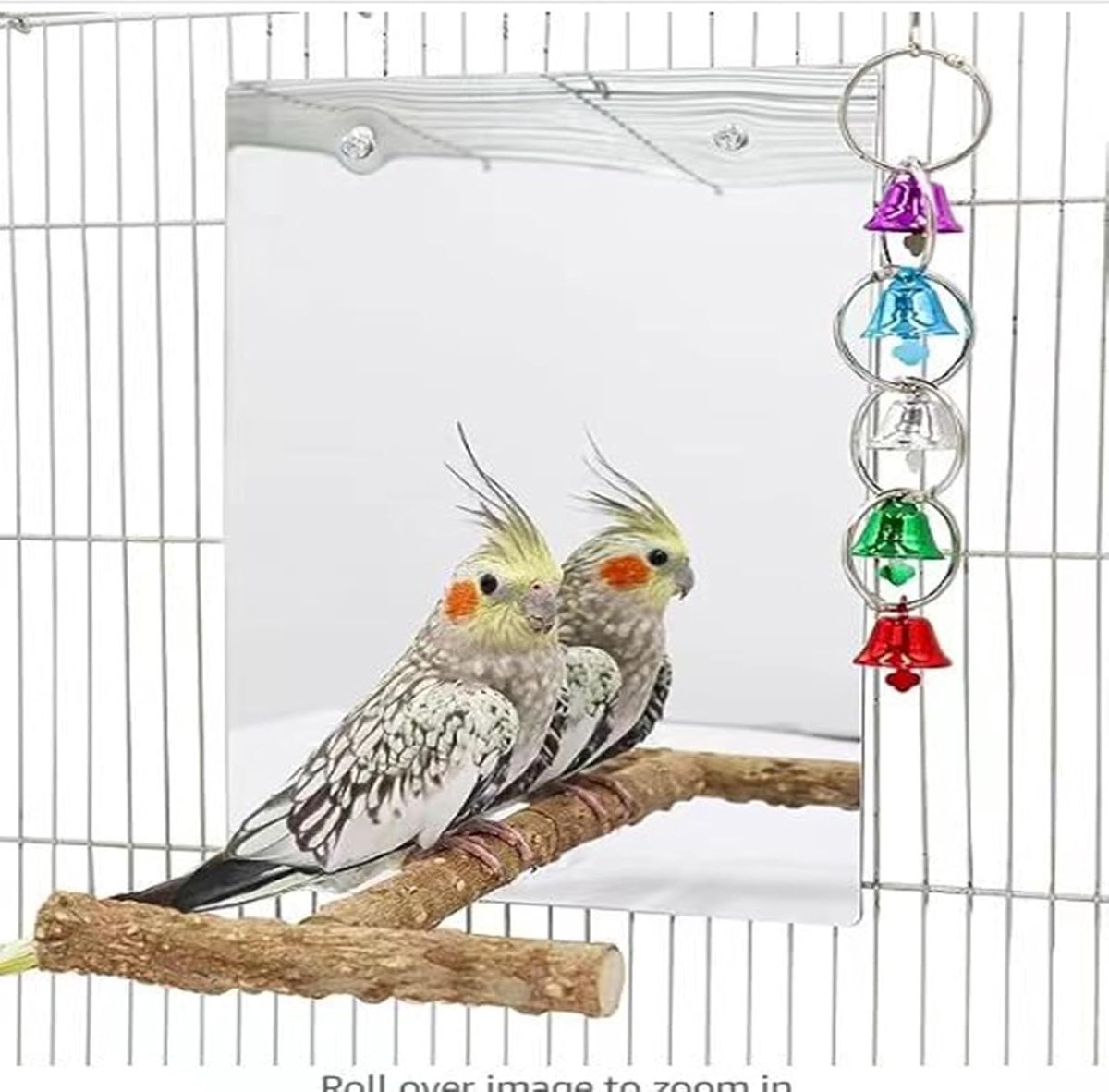 vogelspiegel met zitstang, vogelspiegel met schommelklokkenspel, vogelkooi-accessoire, geschikt voor standaard, zitstang, parkieten, valkparkieten