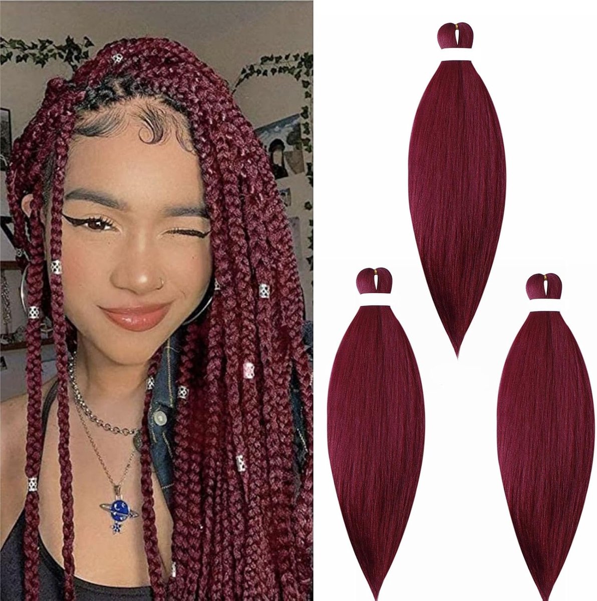 Stretched Vlechten Haar 26 Inch Gemakkelijk Vlechten Extensies Synthetisch Haar Voor Vlechten Pre Stretched Braiding Hair 3 Packs Natuurlijke Yaki Textuur EZ Braids, Wijnrood