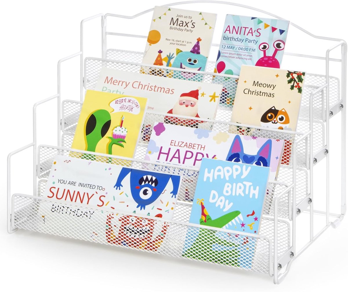 Ansichtkaartenstandaard, ansichtkaarthouder, draaibare standaard voor wenskaarten, voor ansichtkaarten, stickers, feestdagcadeaubonnen in de detailhandel, wit, 4 lagen | voor wenskaarten, stickers, vakantiecaarten, detailhandel, metaal