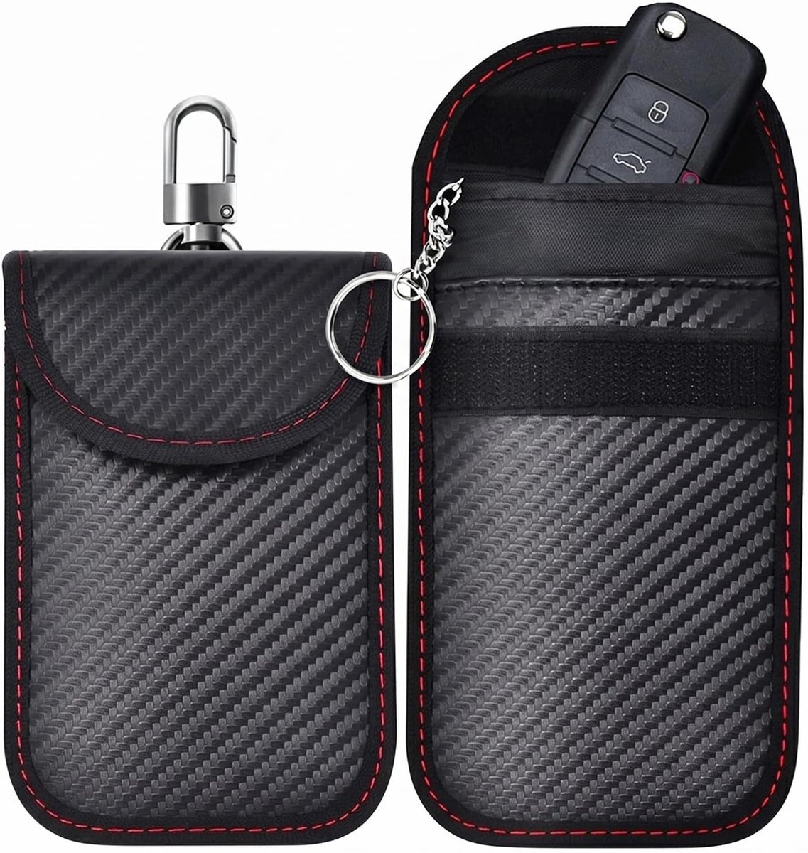 Faraday-etui voor autosleutels, RFID-signaalblokkering voor diefstalbeveiliging, beschermtas met haak en ring, universele autosleutelhanger, medium, 2 stuks