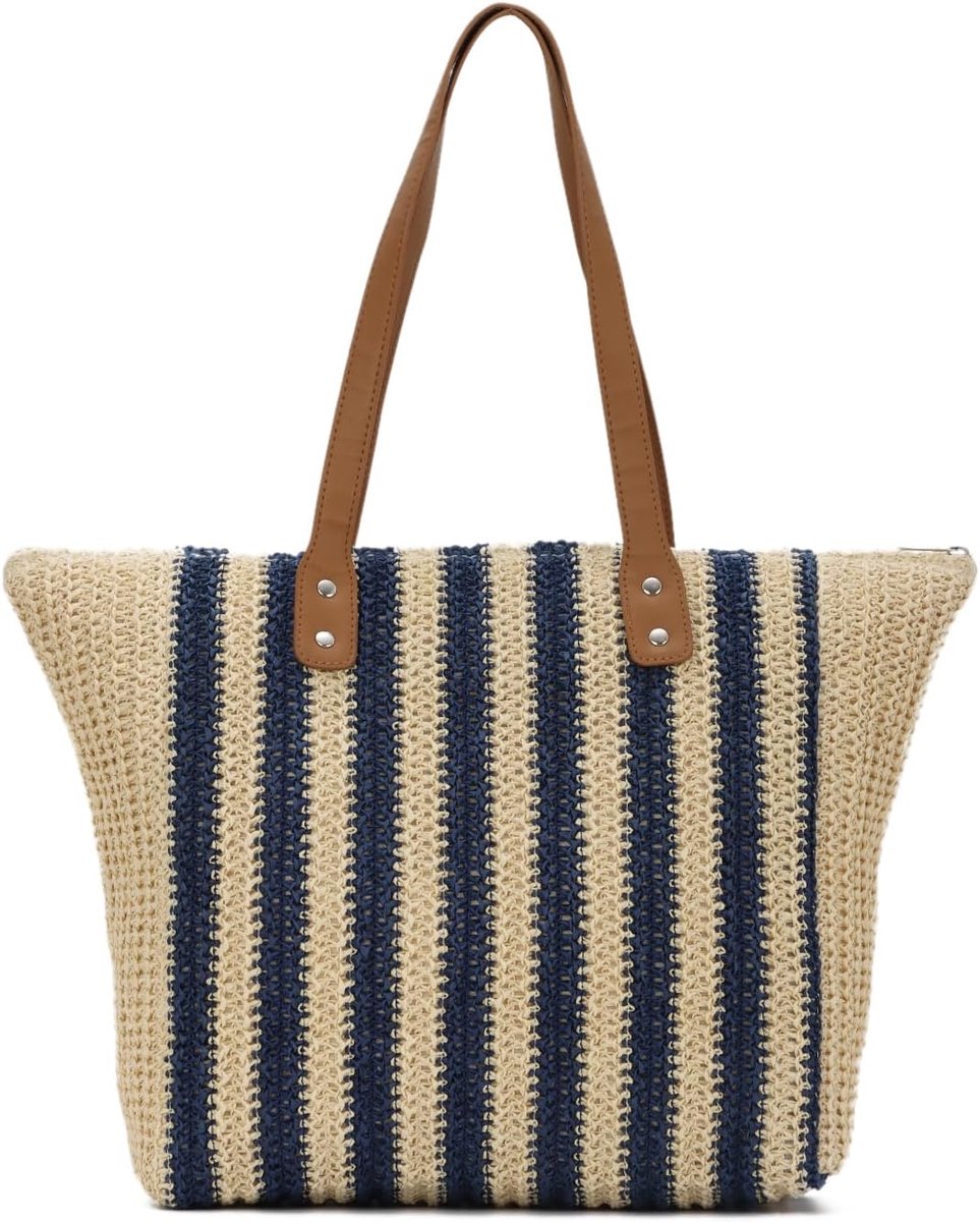 Vrouwen Stro Tote Bag Zomer Grote Geweven Streep Strandtas Boho Raffia Schoudertas voor Vakantie Werk, Blauw, L
