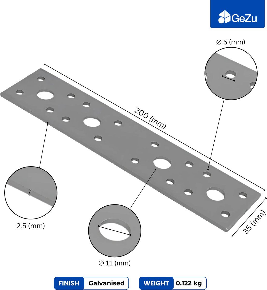 GeZu Impex Verbindingsplaat 200 x 35 x 2.5 mm Set von 4 Verzinkte Geperforeerde Platen Platte Connector Gatplaat Houtverbinders Koppelplaten