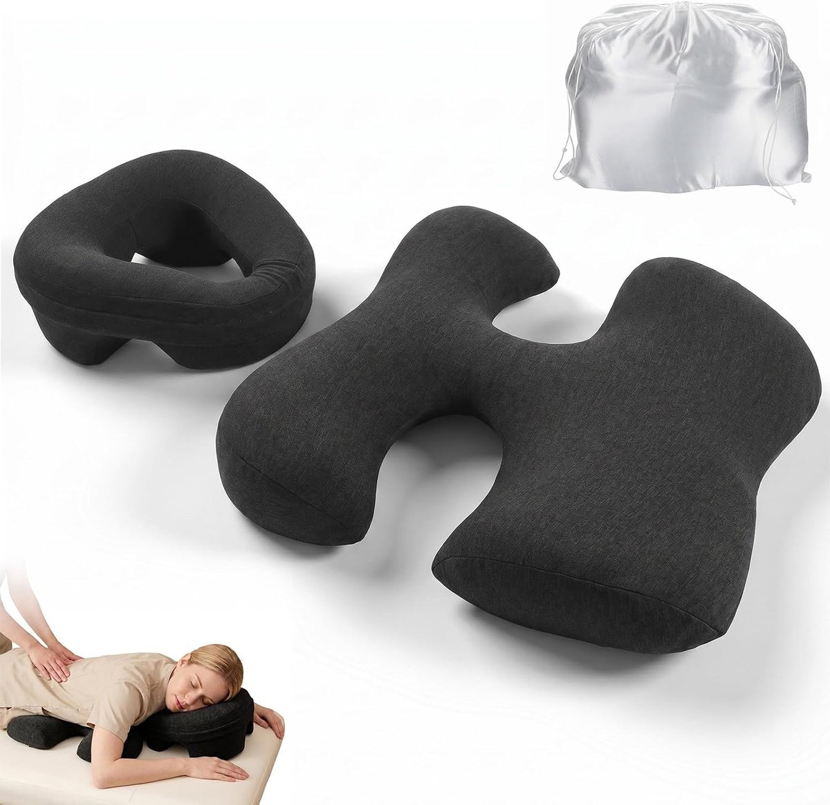Massageborstkussen en gezichtskussenset – ergonomisch traagschuim steunkussen voor dames, buik, borststeun voor massagestoel, spa thuis, afneembare overtrek, ademend, opbergtas | Massageborstkussen en gezichtskussenset
