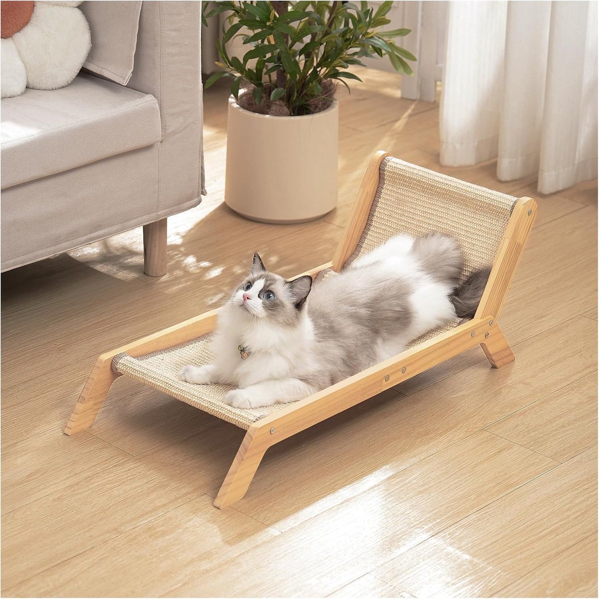 Kattenkrabbed, natuurlijk sisal-krabkussen, massief houten frame, kattenloungestoel, bank voor binnenkatten - extra groot