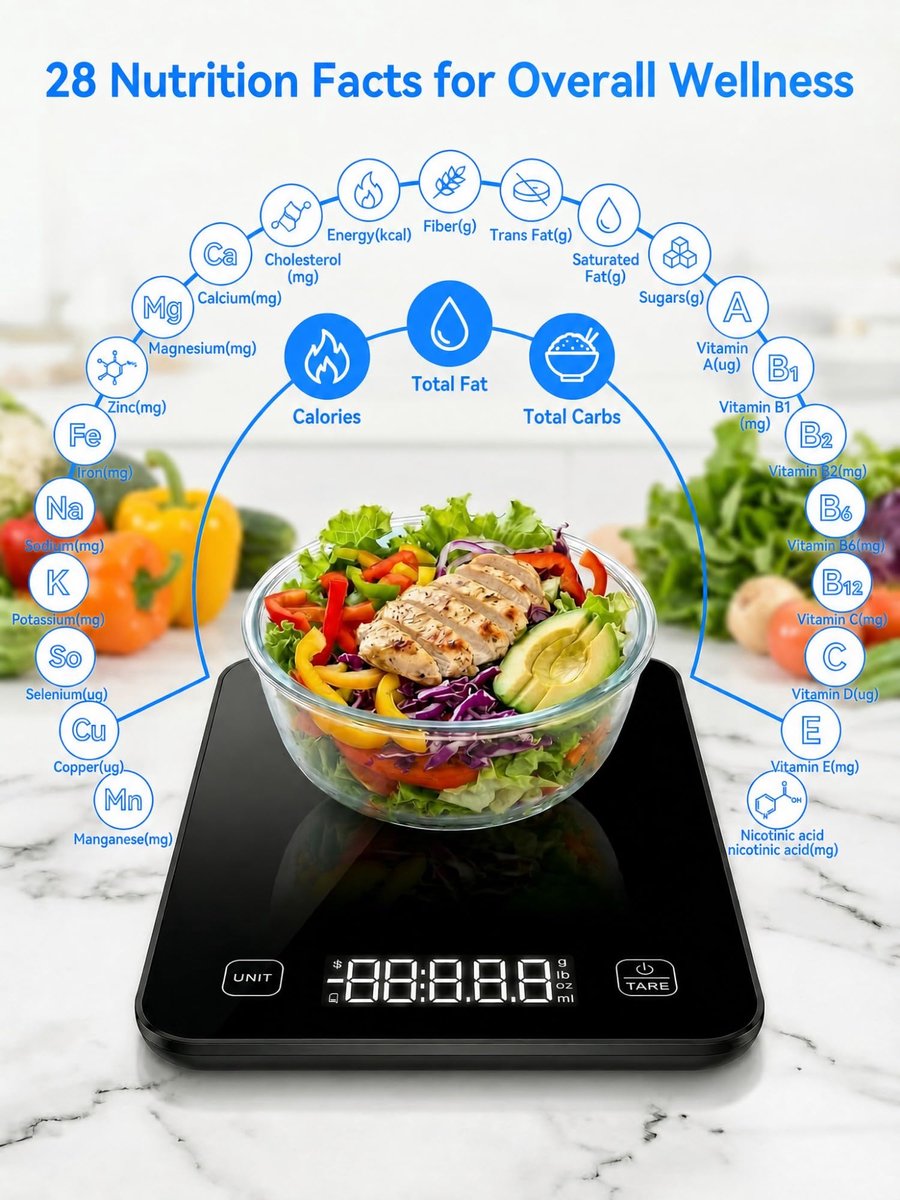 Digitale Keukenweegschaal - Slimme Keuken Weegschaal met LED Display - Voedingswaarde Calculator en Gratis App - Nauwkeurige Weegschaal tot 10 kg - 5 Meeteenheden - Precisie 1 g - Voor Koken, Bakken en Dieet