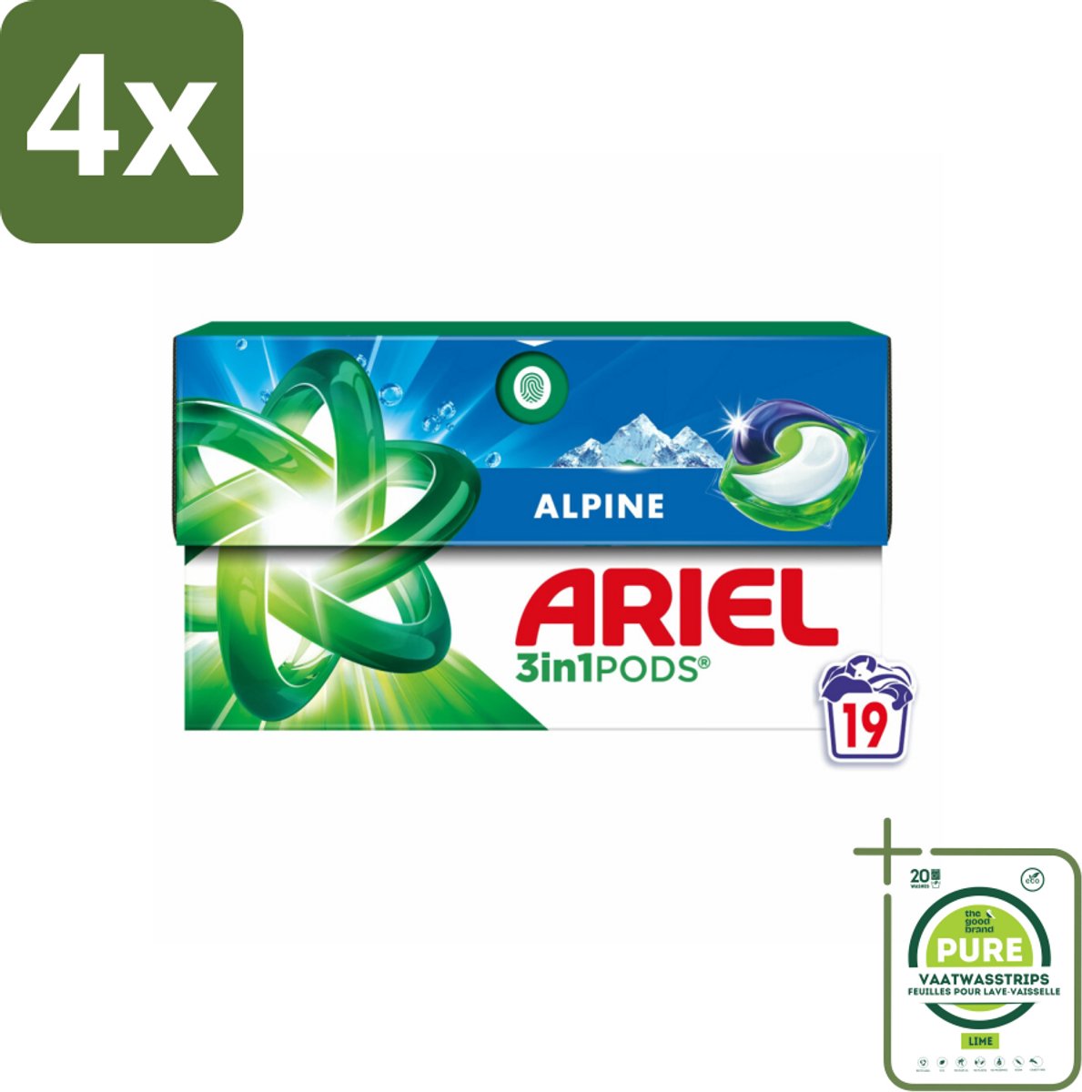 Ariel - 3in1 Wasmiddel Pods - Alpine - 19 Pods - Voordeelverpakking - 4 stuks - Wasmiddel - Wascapsules