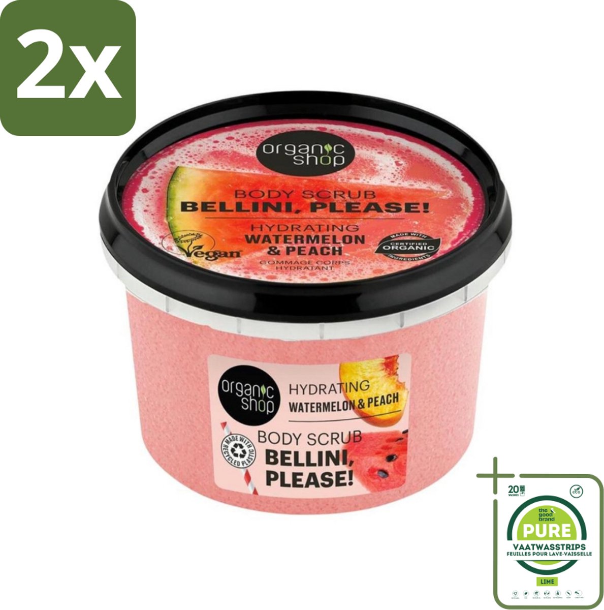 Organic Shop - Body Scrub Watermelon & Peach - Hydratatie en Frisheid - 250 ml - Voordeelverpakking - 2 stuks - Lichaams Scrub - Scrub