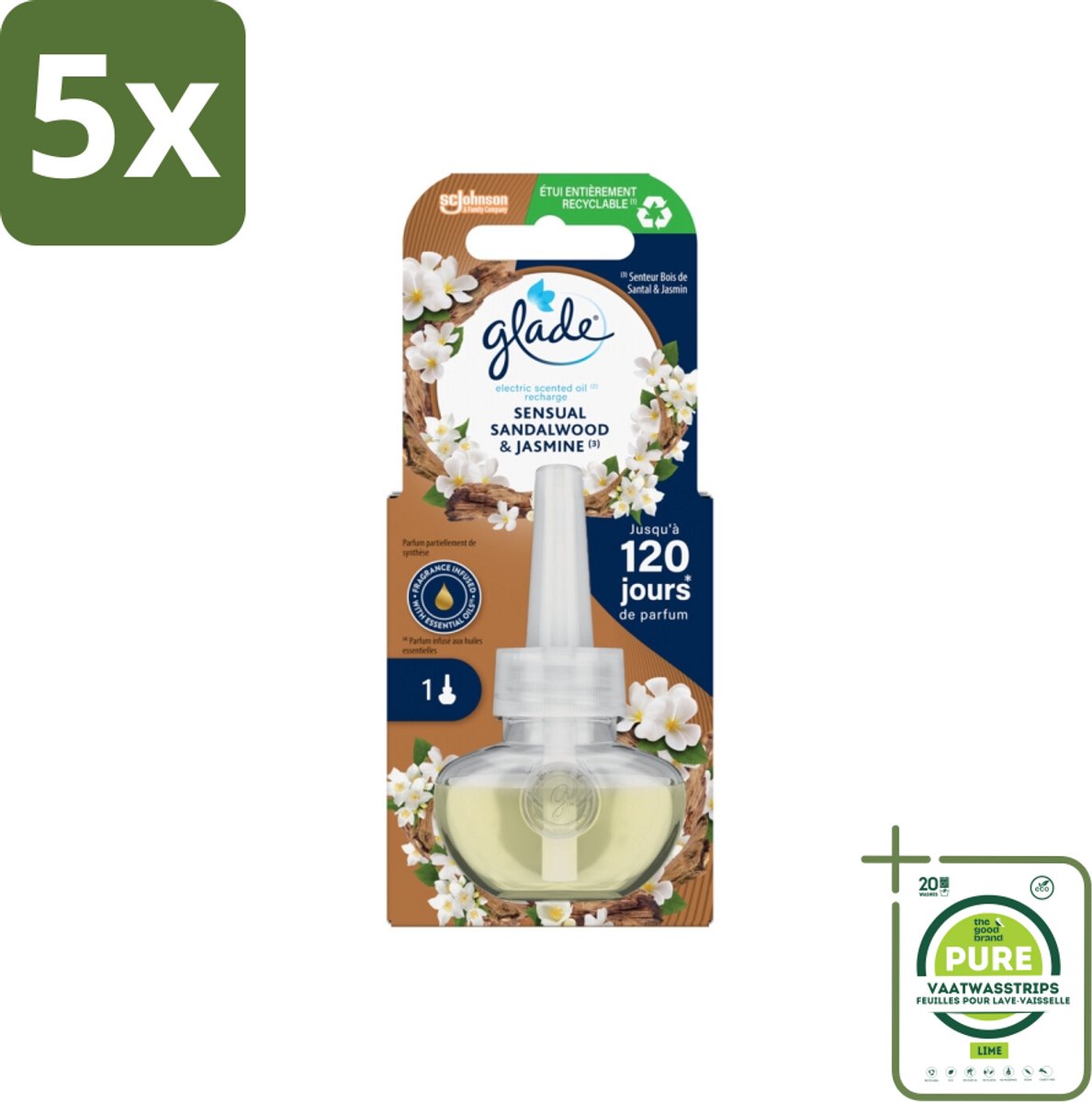 5 x Glade - Navulling Elektrische Olie - Sensual Sandelhout Jasmijn - 20 ml - Grootverpakking - Geurkaars - Elektrische Geur - Sandelhout - Jasmijn - Geur