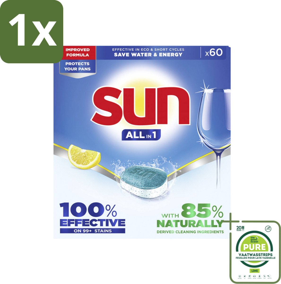 1 x Sun - Vaatwastabletten - All-in-1 Citroen - 60 tabletten - Vaatwastabletten - Citroen - Reiniging - Schone Vaat - Vlekken Verwijderen