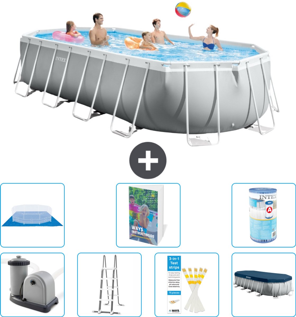 Intex Ovaal Prism Frame Zwembad - 610 x 305 x 122 cm - Grijs - Inclusief Pomp - Ladder - Grondzeil - Afdekzeil - Filter - 8-delig