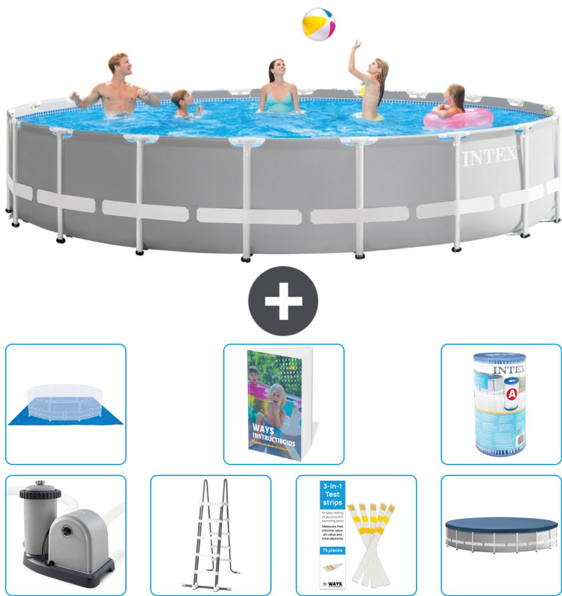 Intex Rond Prism Frame Zwembad - 610 x 132 cm - Grijs - Inclusief Pomp - Ladder - Grondzeil - Afdekzeil - Filter - 8-delig
