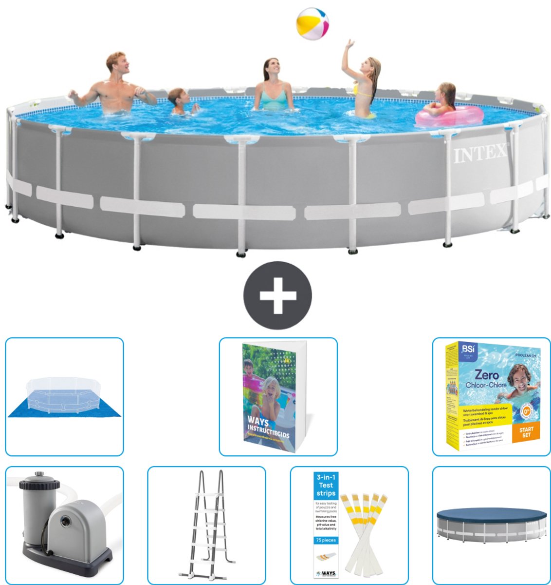 Intex Rond Prism Frame Zwembad - 610 x 132 cm - Grijs - Inclusief Pomp - Ladder - Grondzeil - Afdekzeil - Onderhoudspakket - 8-delig