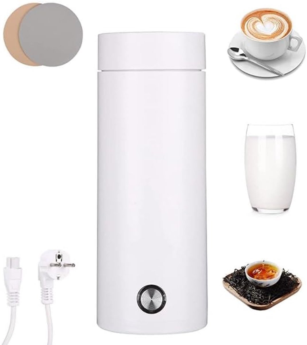 Elektrische mini-waterkoker voor onderweg, 450 ml, draagbare roestvrijstalen waterkoker met twee onderzetters voor thee, melk, koffie, automatische uitschakeling