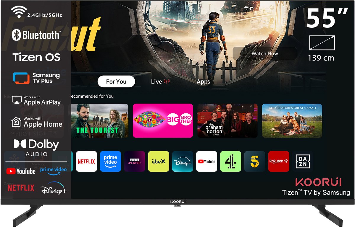 Koorui Smart TV - Tizen OS - QLED 4K Ultra HD - 55 inch/140 cm - Voice Controle - Streaming apps – AirPlay – Controle Mode - HDMI x3, USB x2, CI+ - Tripple Tuner DVB-T/T2/S/S2/C - Frameless Design - Geassembleerd in Nederland - K55Q1UQ-T8