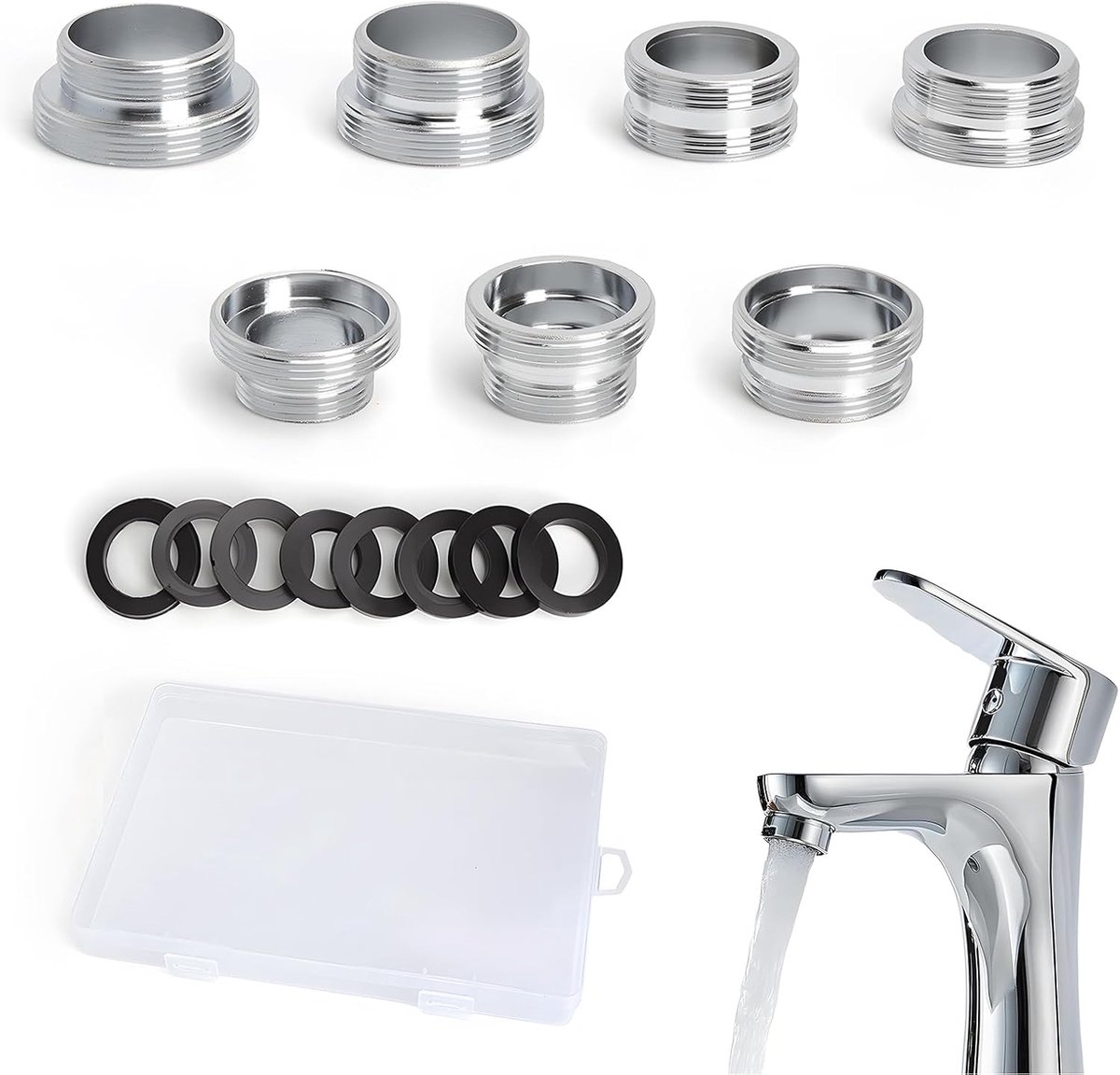 7 stuks adapters waterkraan met schroefdraad, universele wateraansluitadapterset 16-28 naar 22 buitendraad, dubbele nippel voor kraan, straalregelaar, slangaansluiting