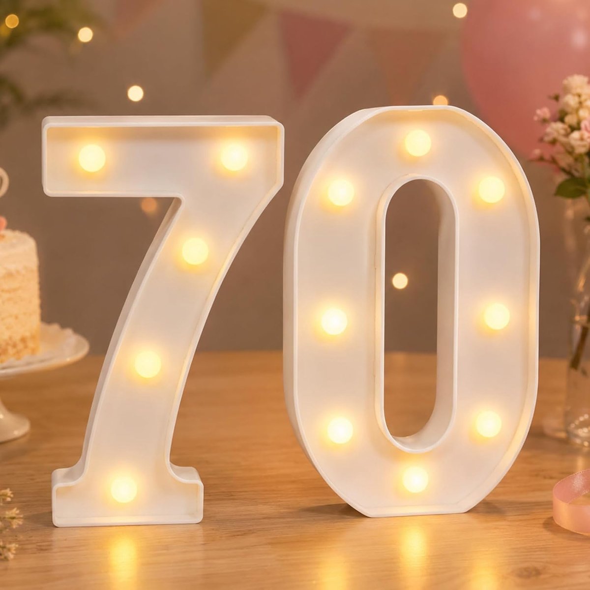Led-cijferlamp 70, getal verlichte cijfers 70, warmwitte led-lichtcijfers, werkt op batterijen, 21 cm, verlichte cijferlampen voor 70e verjaardag, feestdecoratie, tafeldecoratie