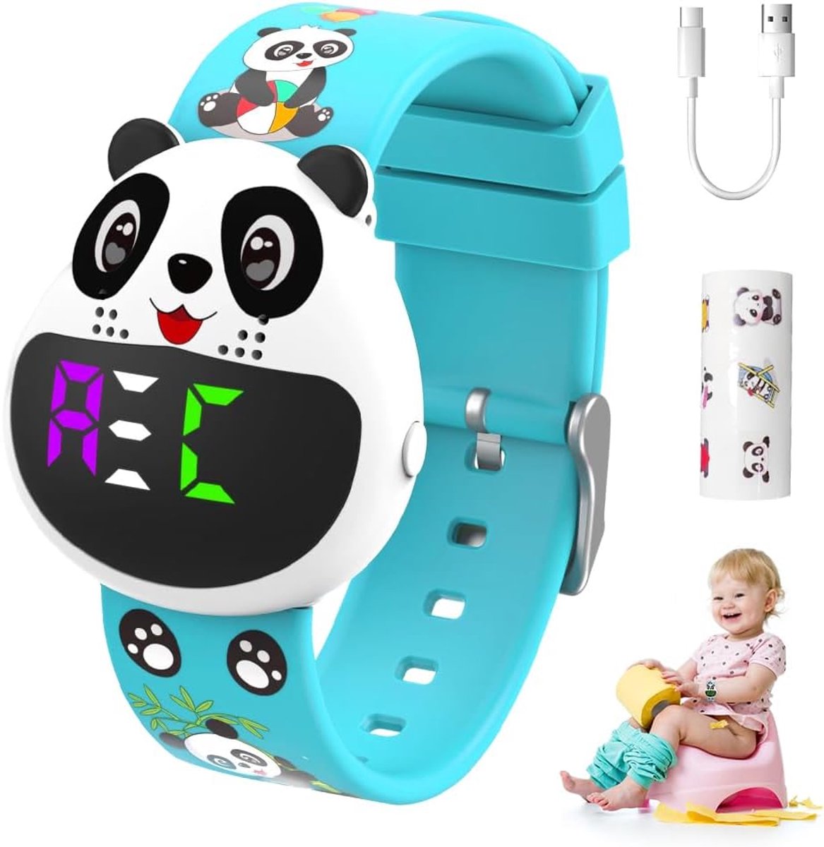 Trilalarm herinnering horloge, trilwekker armband, stil vibrerend alarm, reminder, horloge met timer en 16 muziekalarmen, cartoon-panda, waterdichte horloges voor jongens en meisjes