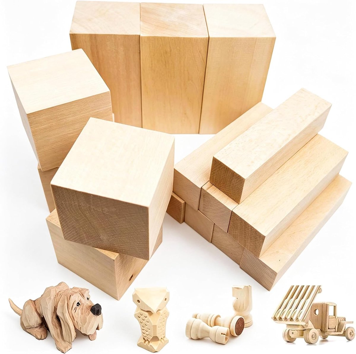 15 stukken lindenhout, 10x5x5, 10x2,5x2,5, 5x5x5 cm, hout om te