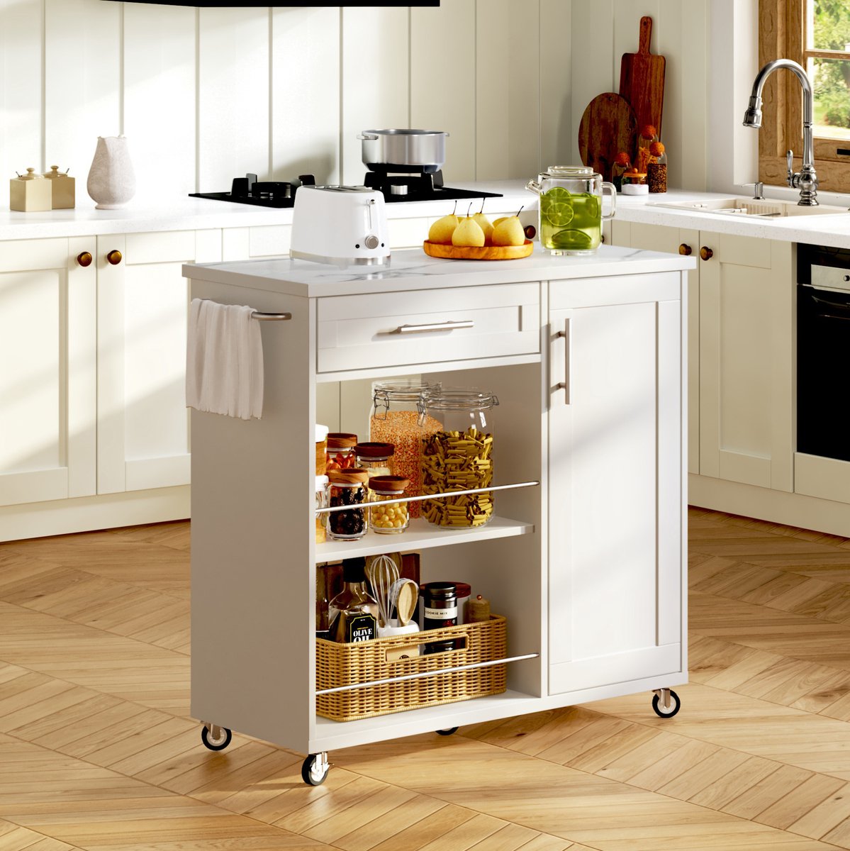 Keukenwagen Met Lade En Kast - 90 x 62 x 90 cm - MDF - Wit - Met Open Planken En Handdoekhouder