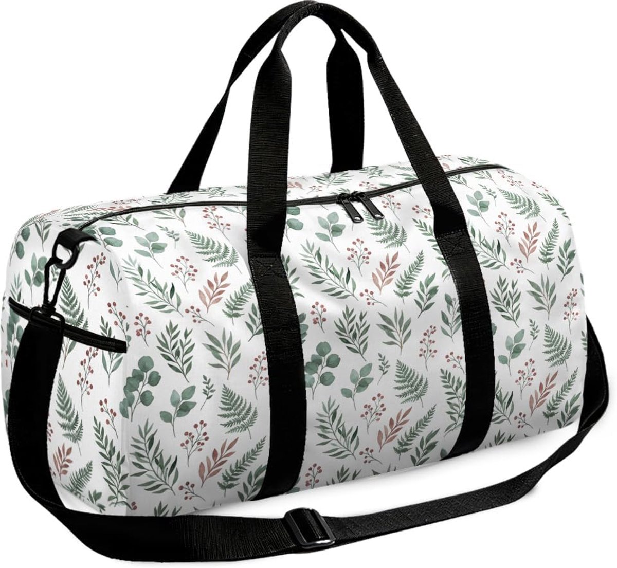 Boho botanische print sporttas 45 x 20 x 24 cm reistas met zijvak voor drinkfles en natte droge scheiding voor yoga en overnachting, groen