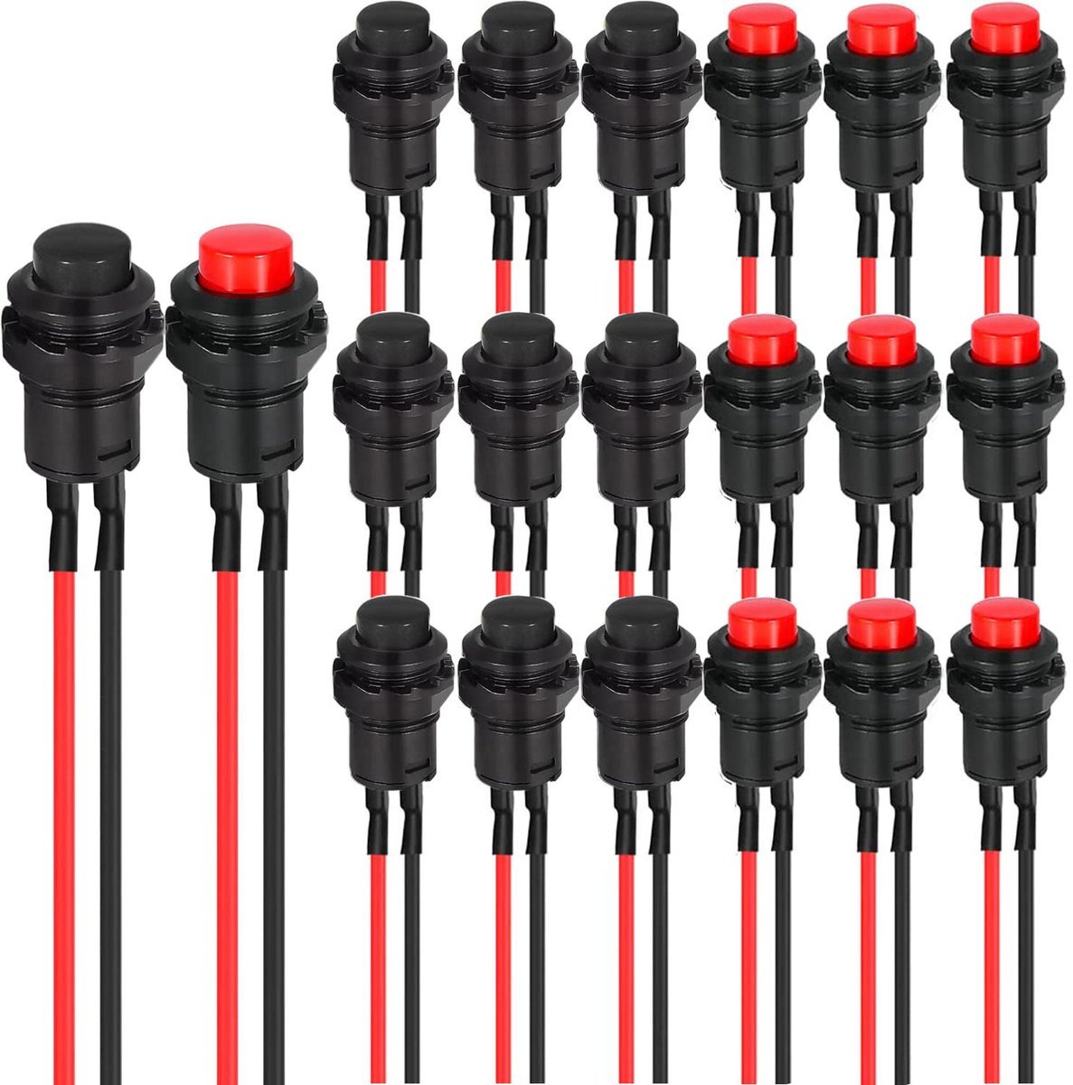 20 stuks ronde mini drukknop 12 mm, momentane drukknop schakelaar, mini drukknop schakelaar, AC 250 V/1,5 A 125 V/3 A voor Arduino DIY, autotrompet, pc, tafellamp, deurbel rood zwart