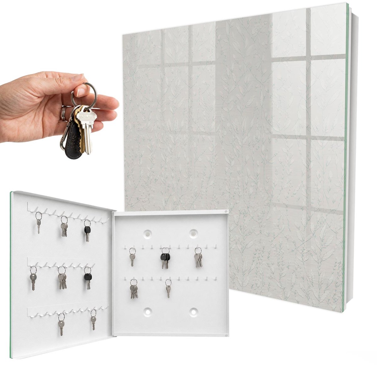 WallMuralia - Sleutelkast - 30x30x5 cm - met 50 haken - Natuurlijke Elegantie Sleutelkastje Design - Beige Sleutelbox - Linksopenend - Wit interieur