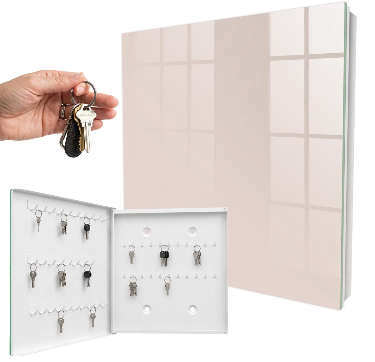 WallMuralia - Sleutelkast - 30x30x5 cm - met 50 haken - Roze Steen Sleutelkastje Hal - Roze Sleutelbox - Linksopenend - Wit interieur