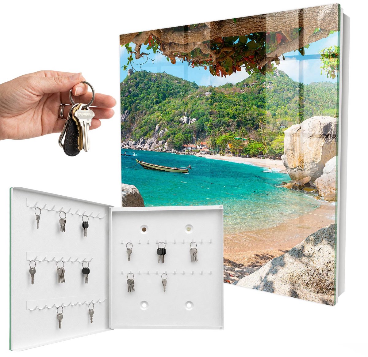 WallMuralia - Sleutelkast - 30x30x5 cm - met 50 haken - Een Paradijselijk Uitzicht Sleutelkastje Klein - Turkoois Sleutelbox - Linksopenend - Wit interieur