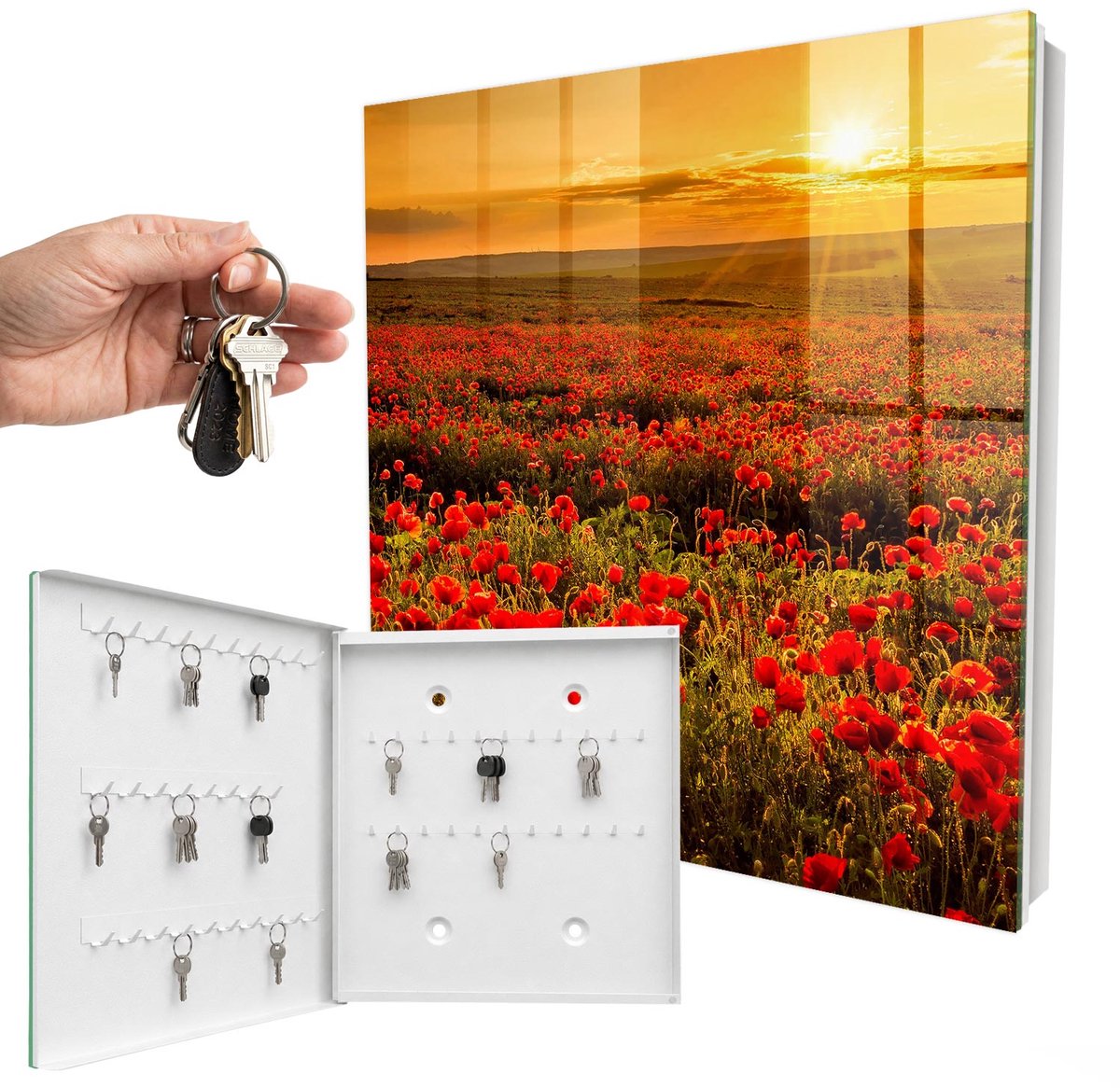 WallMuralia - Sleutelkast - 30x30x5 cm - met 50 haken - Klaprozenvelden Sleutelkastje Design - Rood Sleutelbox - Linksopenend - Wit interieur