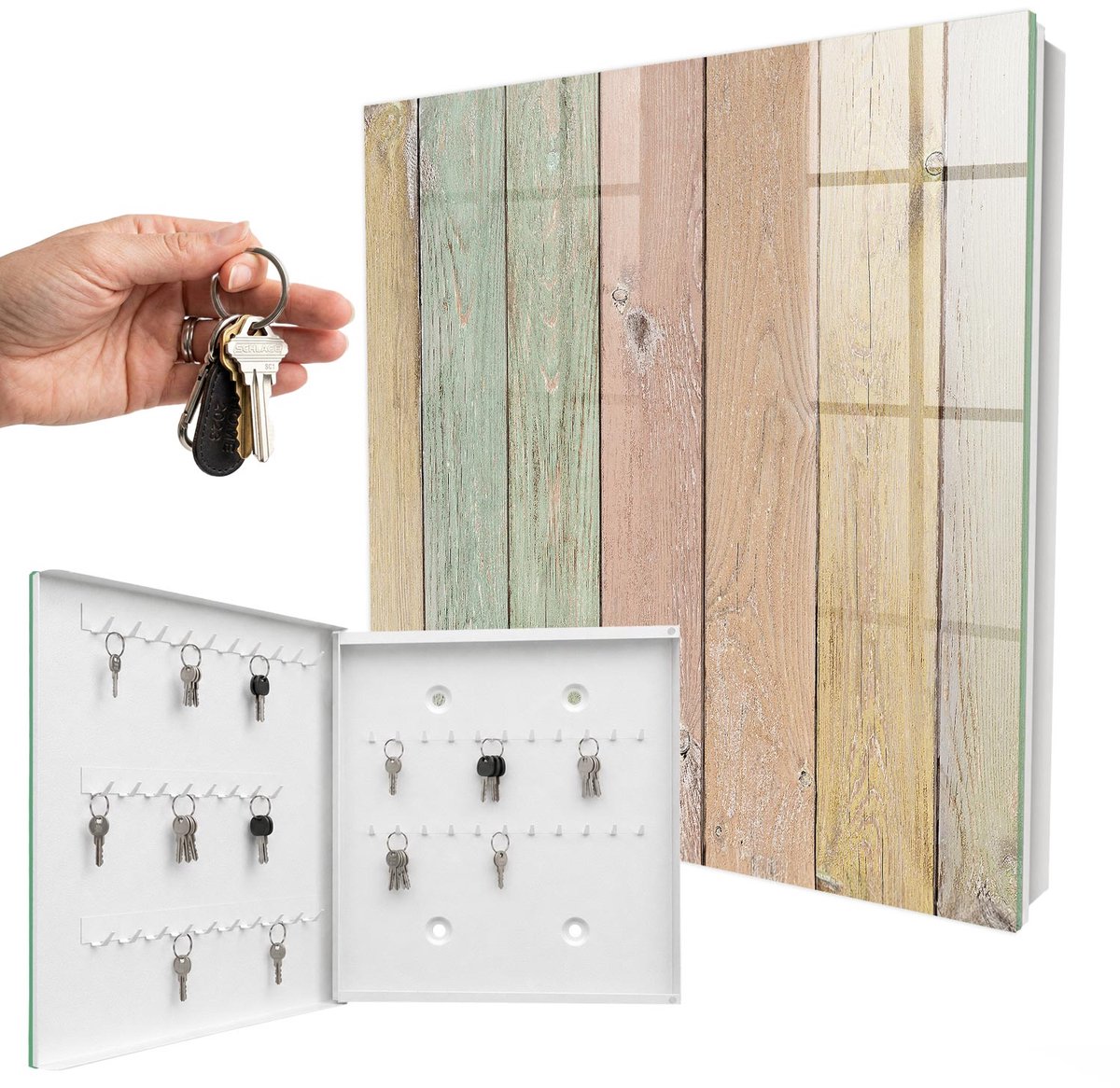 WallMuralia - Sleutelkast - 30x30x5 cm - met 50 haken - Pastelplaten Groot Sleutelkastje - Beige Sleutelbox - Linksopenend - Wit interieur