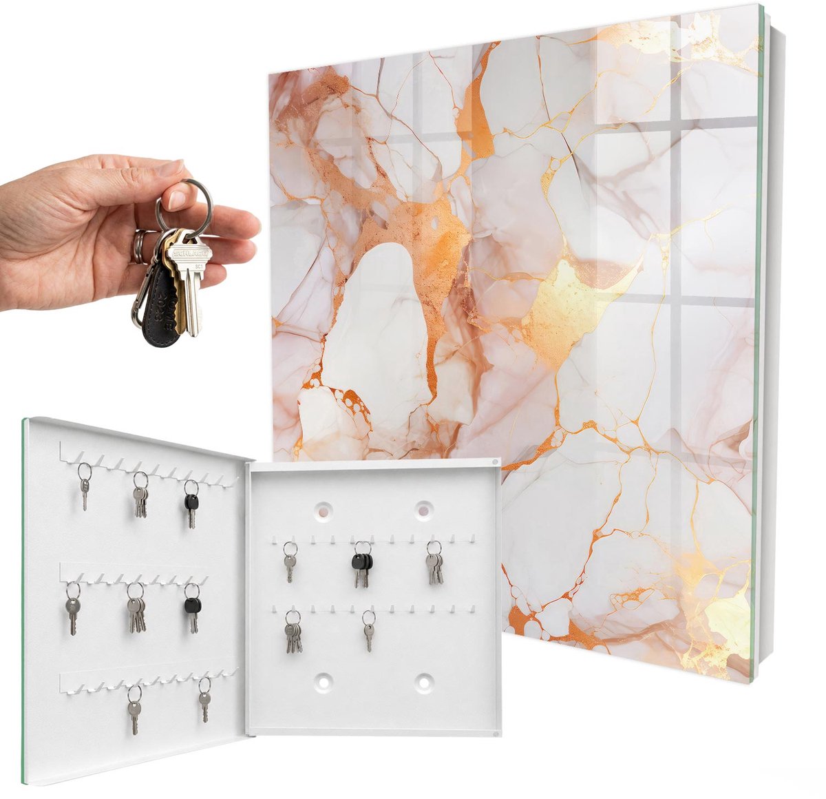 WallMuralia - Sleutelkast - 30x30x5 cm - met 50 haken - Marmeren Elegantie Sleutelkastje Design - Wit Sleutelbox - Linksopenend - Wit interieur