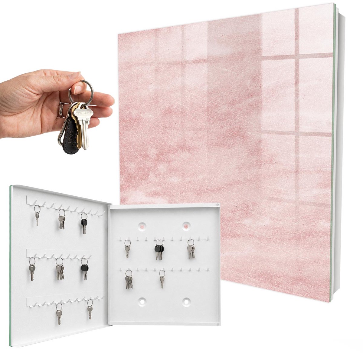 WallMuralia - Sleutelkast - 30x30x5 cm - met 50 haken - Roze Weefsels Sleutelkastje Voor Binnen - Roze Sleutelbox - Linksopenend - Wit interieur