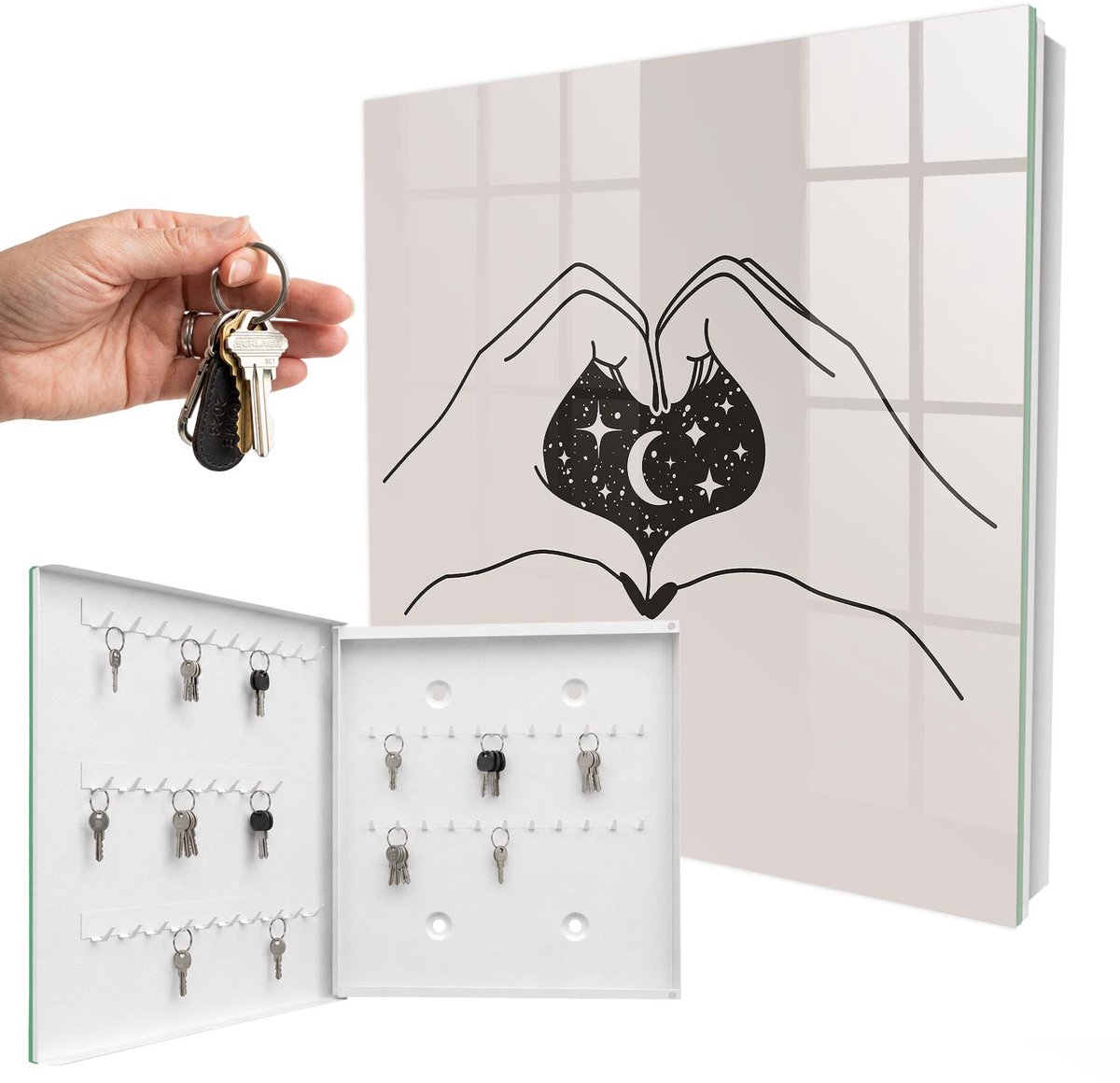 WallMuralia - Sleutelkast - 30x30x5 cm - met 50 haken - De Kosmos Van Het Hart Sleutelkastje Hal - Zwart-Wit Sleutelbox - Linksopenend - Wit interieur