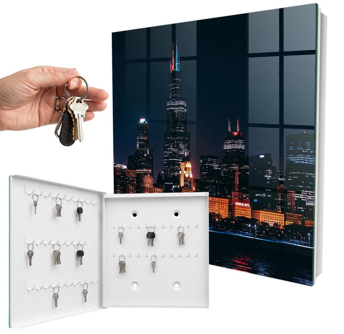 WallMuralia - Sleutelkast - 30x30x5 cm - met 50 haken - Nachtstad Sleutelkastje Landelijk - Zwart Sleutelbox - Linksopenend - Wit interieur