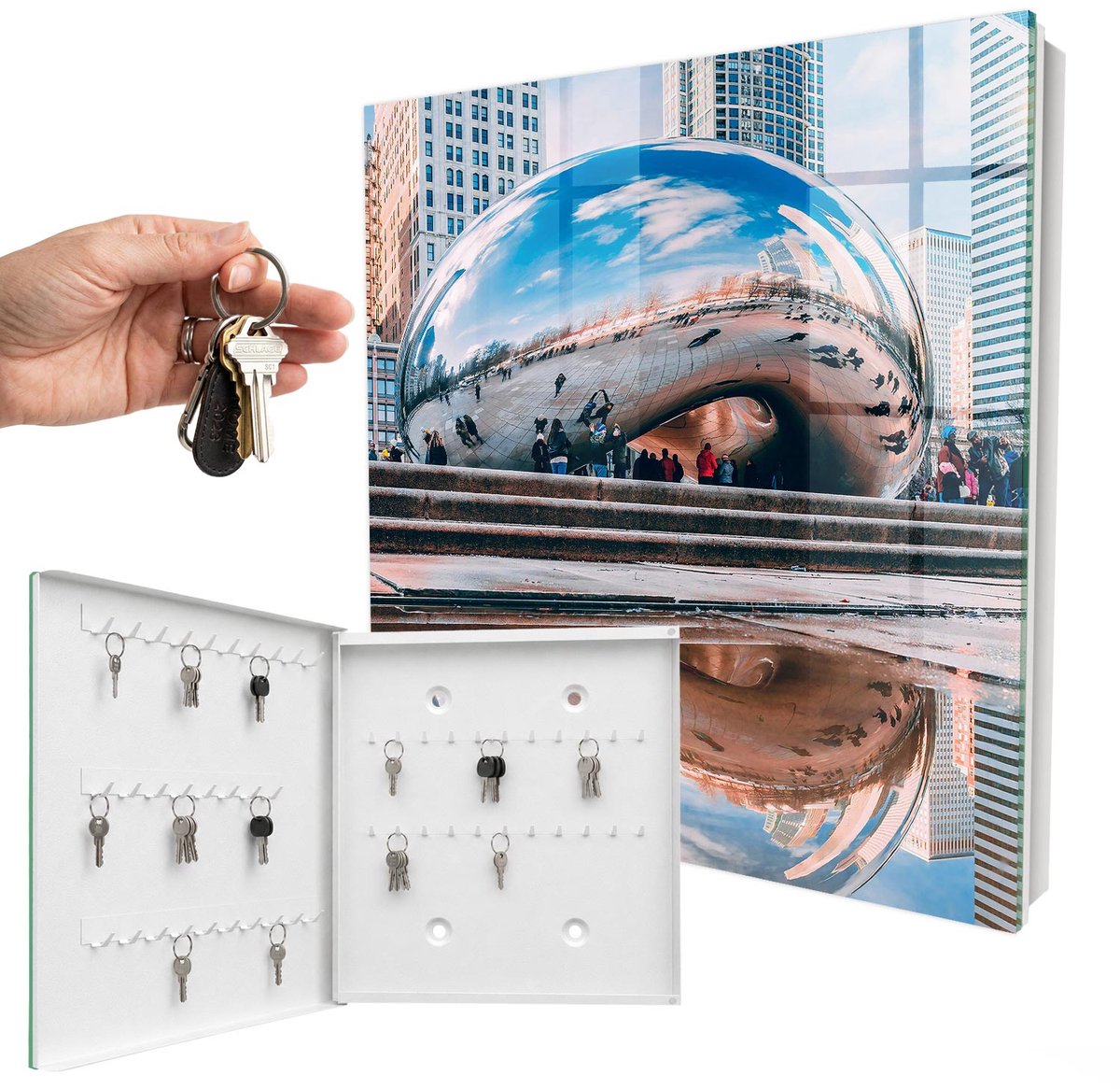 WallMuralia - Sleutelkast - 30x30x5 cm - met 50 haken - Stedelijke Reflectie Groot Sleutelkastje - Blauw Sleutelbox - Linksopenend - Wit interieur