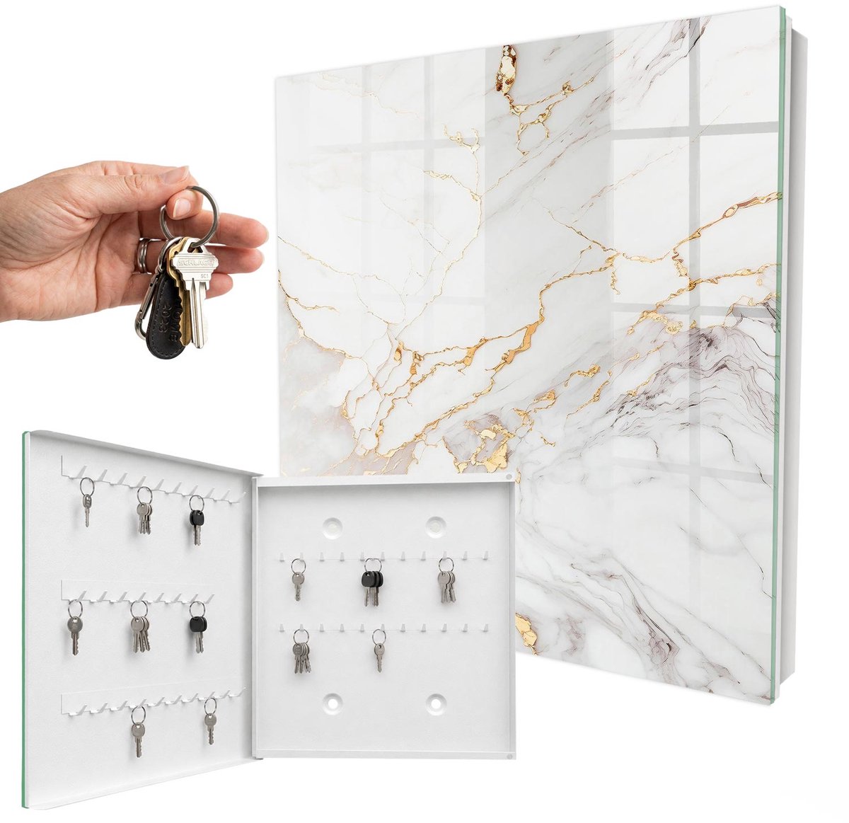 WallMuralia - Sleutelkast - 30x30x5 cm - met 50 haken - De Elegantie Van Steen Sleutelkastje Binnen - Wit Sleutelbox - Linksopenend - Wit interieur