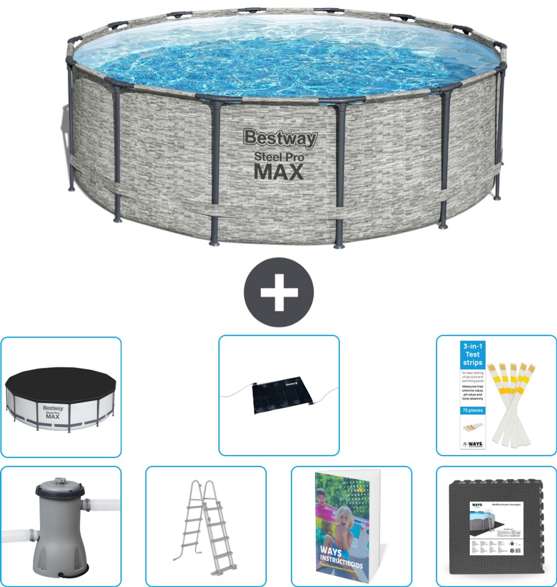 Bestway Rond Steel Pro MAX Zwembad - Steenprint - 427 x 122 cm - Inclusief Pomp - Ladder - Afdekzeil - Solar Mat - Vloertegels - 8-delig