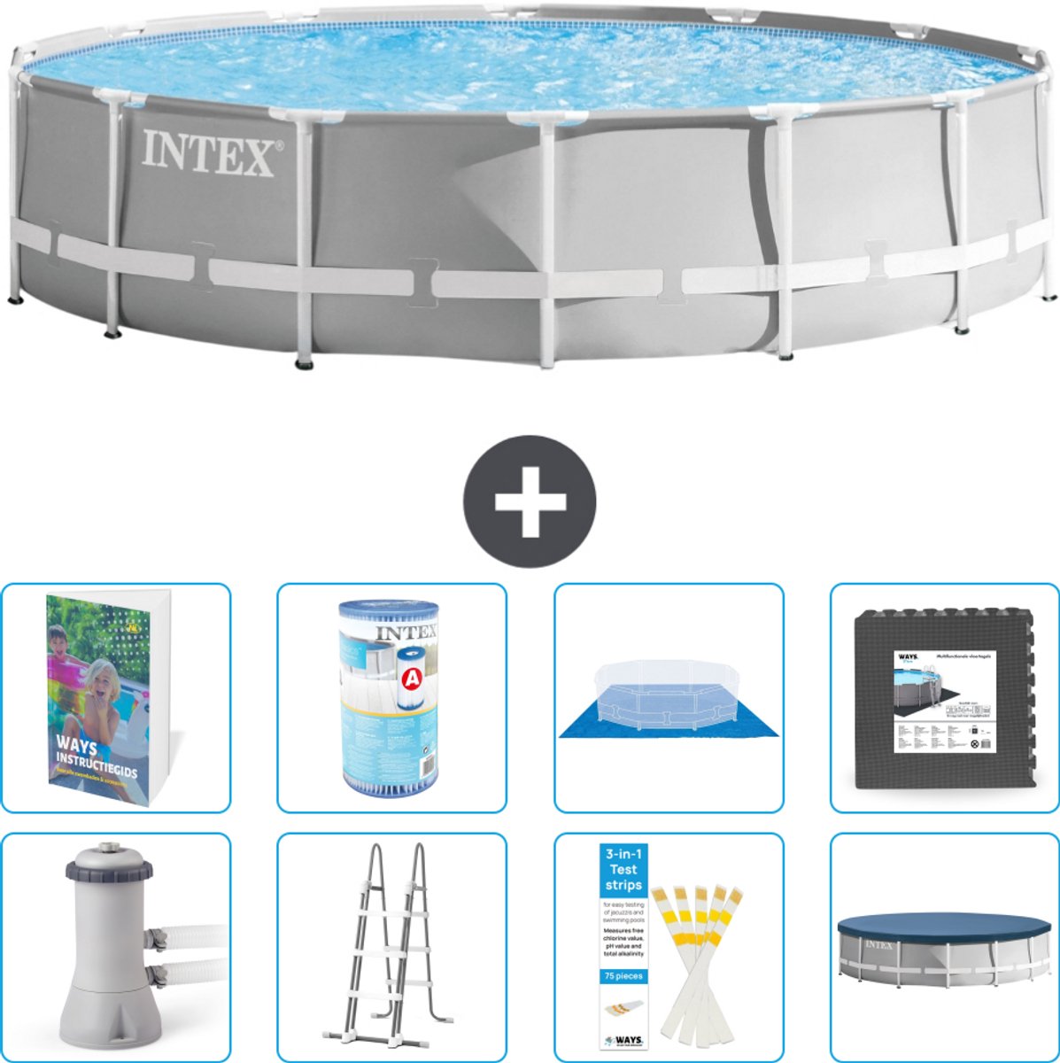 Intex Rond Prism Frame Zwembad – 427 x 107 cm – Grijs – Inclusief Pomp – Ladder – Grondzeil – Afdekzeil – Filter – Vloertegels – 9-delig