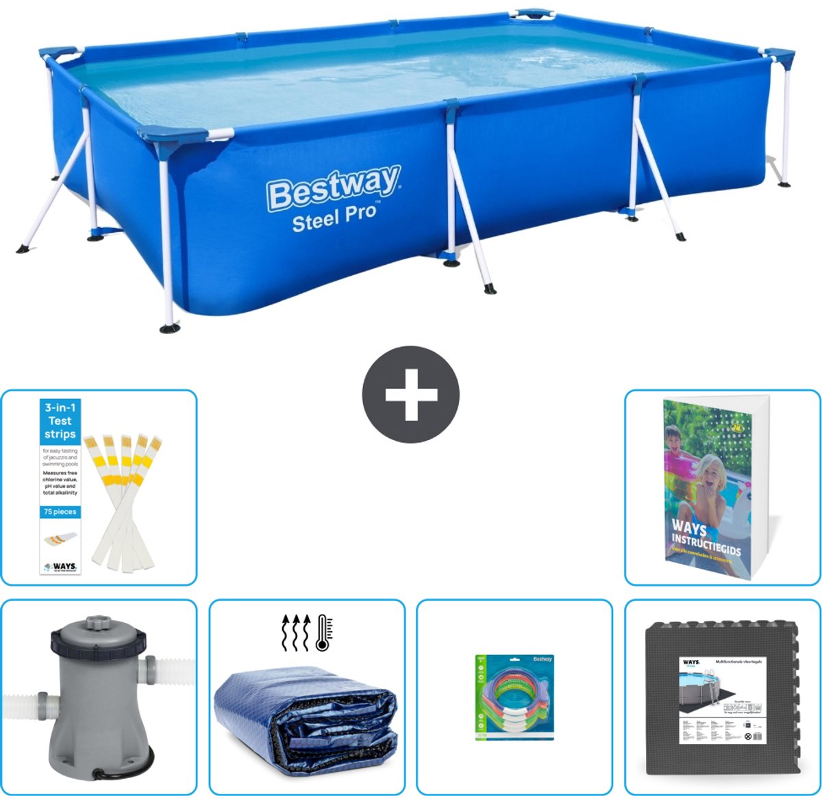 Bestway Rechthoekig Steel Pro Zwembad - 300 x 201 x 66 cm - Blauw - Inclusief Pomp - Solarzeil - Speelgoed - Vloertegels - 7-delig