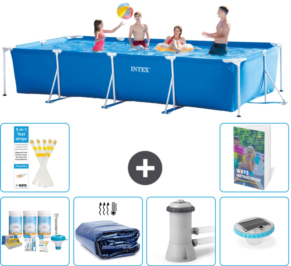 Intex Rechthoekig Frame Zwembad - 450 x 220 x 84 cm - Blauw - Inclusief Onderhoudspakket - Solarzeil - Zwembadfilterpomp - Verlichting - 7-delig
